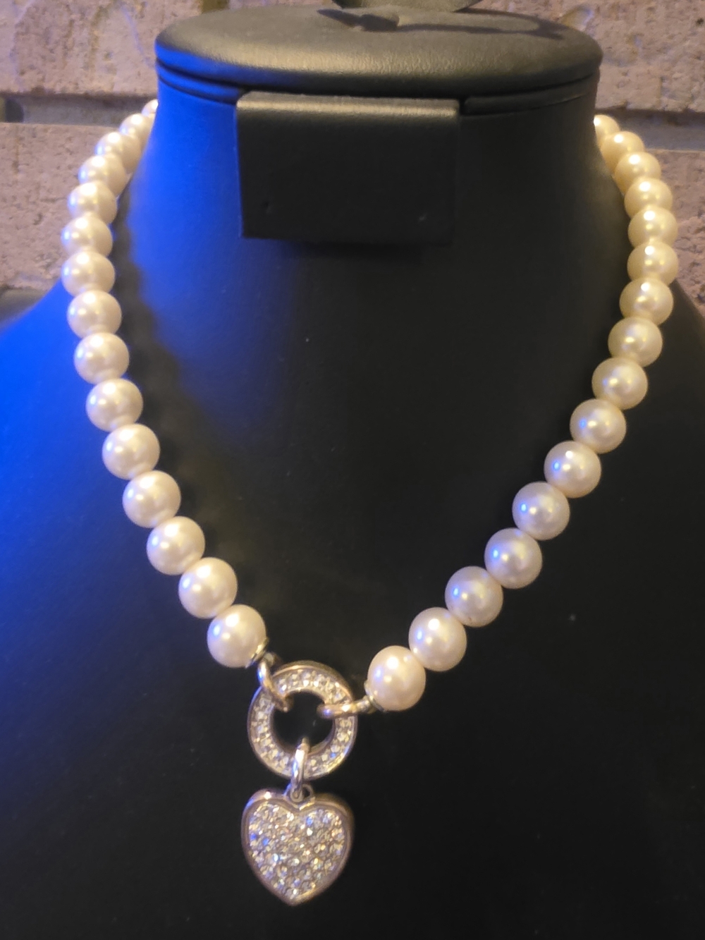 NVC White Faux Pearl Bead Necklace with Pave Heart Pendant